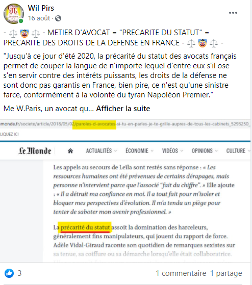 Facebook WIL PIRS Maître Wildfried PARIS AVOCAT DISSISENT Menacé de mort en FRANCE www.jesuispatrick.fr ALERTE ROUGE www.alerterouge-france.fr