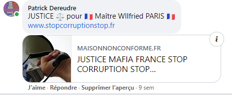 Facebook WIL PIRS Maître Wildfried PARIS AVOCAT DISSISENT Menacé de mort en FRANCE www.jesuispatrick.fr ALERTE ROUGE www.alerterouge-france.fr