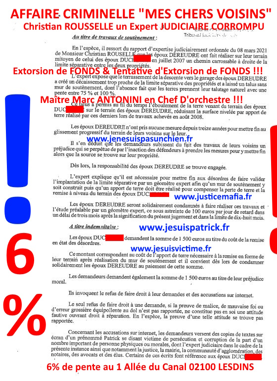 Pièce N°6c) Page 104sur134 AFFAIRE CRIMINELLE «MES CHERS VOISINS» SIGNIFICATION DE JUGEMENT, Violences, Extorsion de Fonds, Tentative Extorsion de Fonds, Maître Marc ANTONINI à l'œuvre et ce avec la bénédiction de nos Institutions www.jesuispatrick.fr
