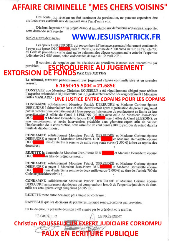 Pièce N°5b) Page 6 sur 7 AFFAIRE CRIMINELLE «MES CHERS VOISINS» SIGNIFICATION DE JUGEMENT, Violences, Extorsion de Fonds, Tentative Extorsion de Fonds, Maître Marc ANTONINI à l'œuvre et ce avec la bénédiction de nos Institutions www.jesuispatrick.fr