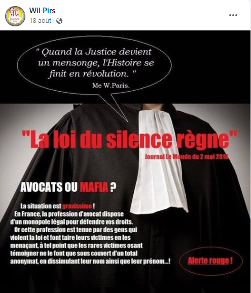 Facebook WIL PIRS Maître Wildfried PARIS AVOCAT DISSISENT Menacé de mort en FRANCE www.jesuispatrick.fr ALERTE ROUGE www.alerterouge-france.fr