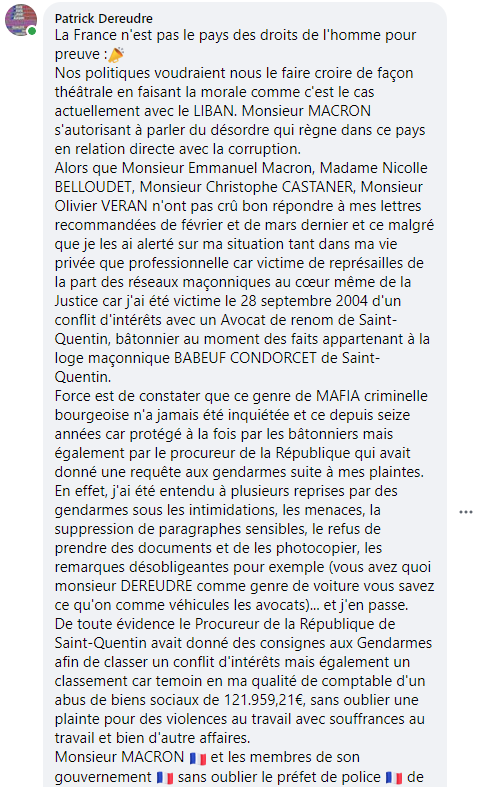 Facebook WIL PIRS Maître Wildfried PARIS AVOCAT DISSISENT Menacé de mort en FRANCE www.jesuispatrick.fr ALERTE ROUGE www.alerterouge-france.fr