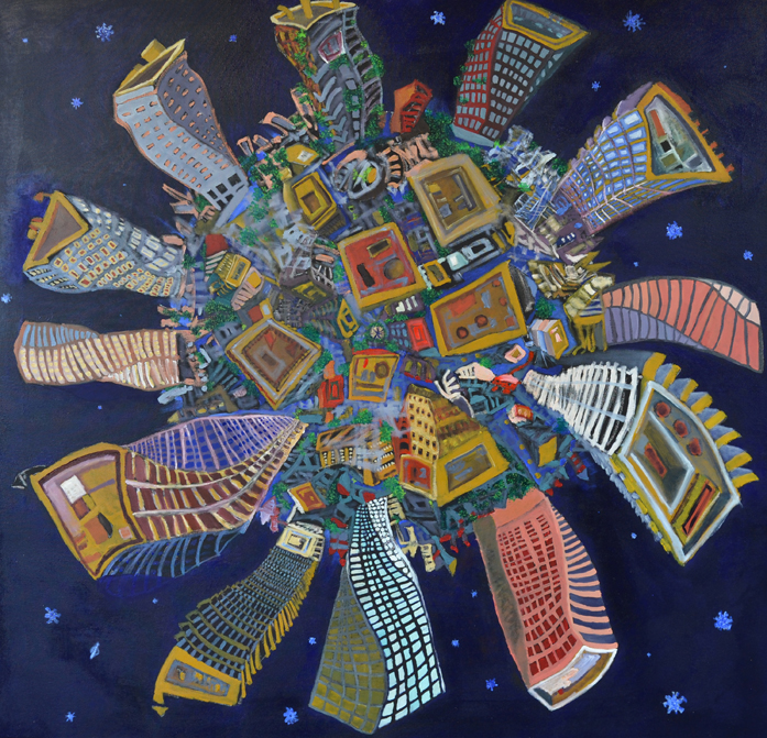 Corona-Welt / Öl auf Leinwand / 100x100 cm