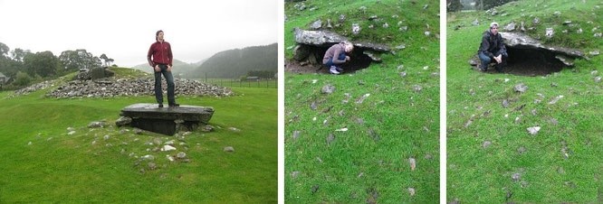 Dunchraigaig Cairn, Kilmartin Glen (frühe Bronzezeit, ca. 2.000 v. Chr.). Rechts die nahegelegene Südostkiste, Beisetzungsstätte von 10 Menschen. Die Felsritzungen von Baluachcraig liegen von letztgenanntem Punkt in Gehweite... 