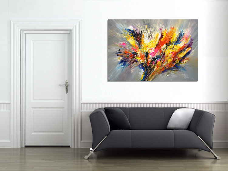 The abstract painting " Spectacular XL 2 " in the finished clamped to the wall .