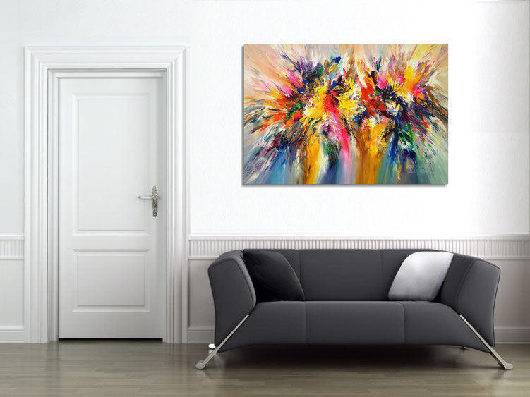 The abstract painting " Colour Symphony...XL 3 " in the finished clamped to the wall .