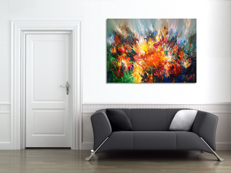 The abstract painting "World Of Colors XL 2" in the finished clamped to the wall.