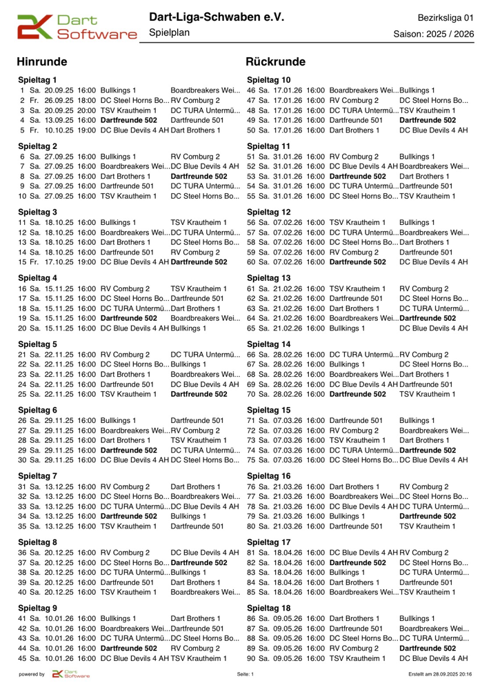 Spielplan Dartfreunde 502