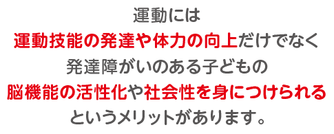 運動には、運動技能の発達・体力向上だけでなく、発達障がいのある子どもの脳機能の活性化や社会性をみにつけられるというメリットがあります