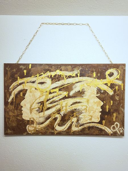 "Bild 7" in 100x60cm, Acryl auf Stahl, Rosteffekt+Goldkette