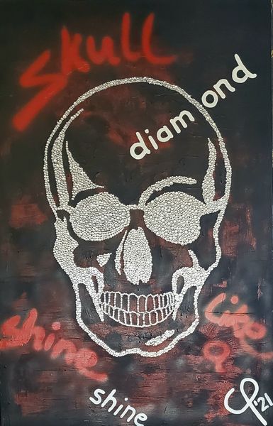 "Totenkopf Silber" mit Glitzersteinen und glitzerndem Hintergrund in 100x150x5cm, Acryl auf Leinwand (Preis auf Anfrage)