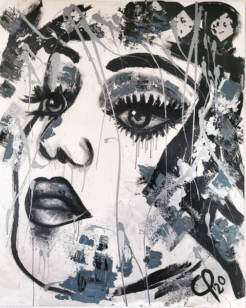 "Feelings" CP´20 in 100x120x2cm, Acryl auf Leinwand, Schwarz+Weiss+Silber+Blau, (Preis auf Anfrage)