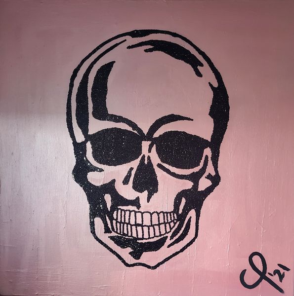 "Totenkopf Pailetten Pink" CP´21 in 100x100x5xm, Acryl und schwarze Pailetten auf Leinwand (Preis auf Anfrage)