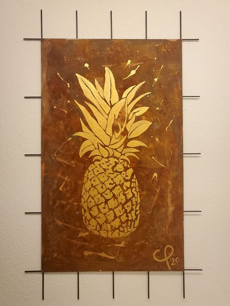 "Bild 4" in 60x100cm, Acryl auf Alu, Rosteffekt+Gold an einem Spalier