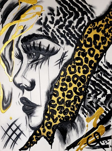 "Love Leo" CP´22 in 50x70x5cm, Acryl auf Leinwand, Schwarz und Gold, Kohlestift + Haarspray ( Preis auf Anfrage)