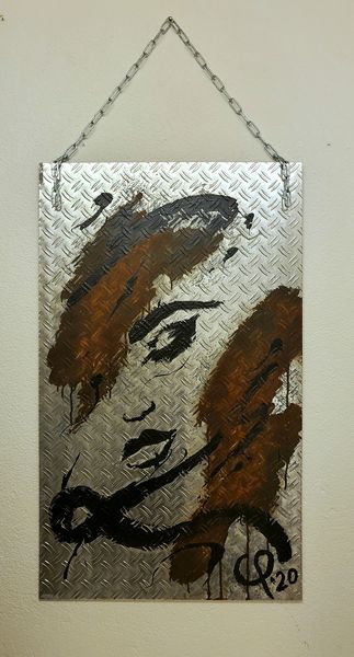 "Bild 5" in 60x100cm, Acryl auf Riffelblech, Rosteffekt an Kette