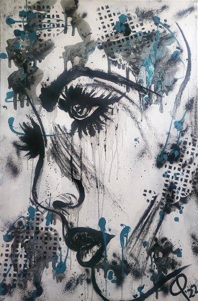 "blue rain" CP´22 in 70x115x2cm, Acryl auf Leinwand, Schwarz, Blau, Spraying ( Preis auf Anfrage)