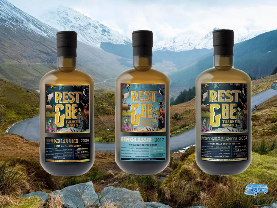 REST & BE THANKFUL FINGLASSIE SMALL BATCH SHERRY FINISH 5 ANS 2017, BRUICHLADDICH WINE CASK 12 ANS 2009 et PORT CHARLOTTE SHERRY CASK ANTIPODES 17 ANS 2004