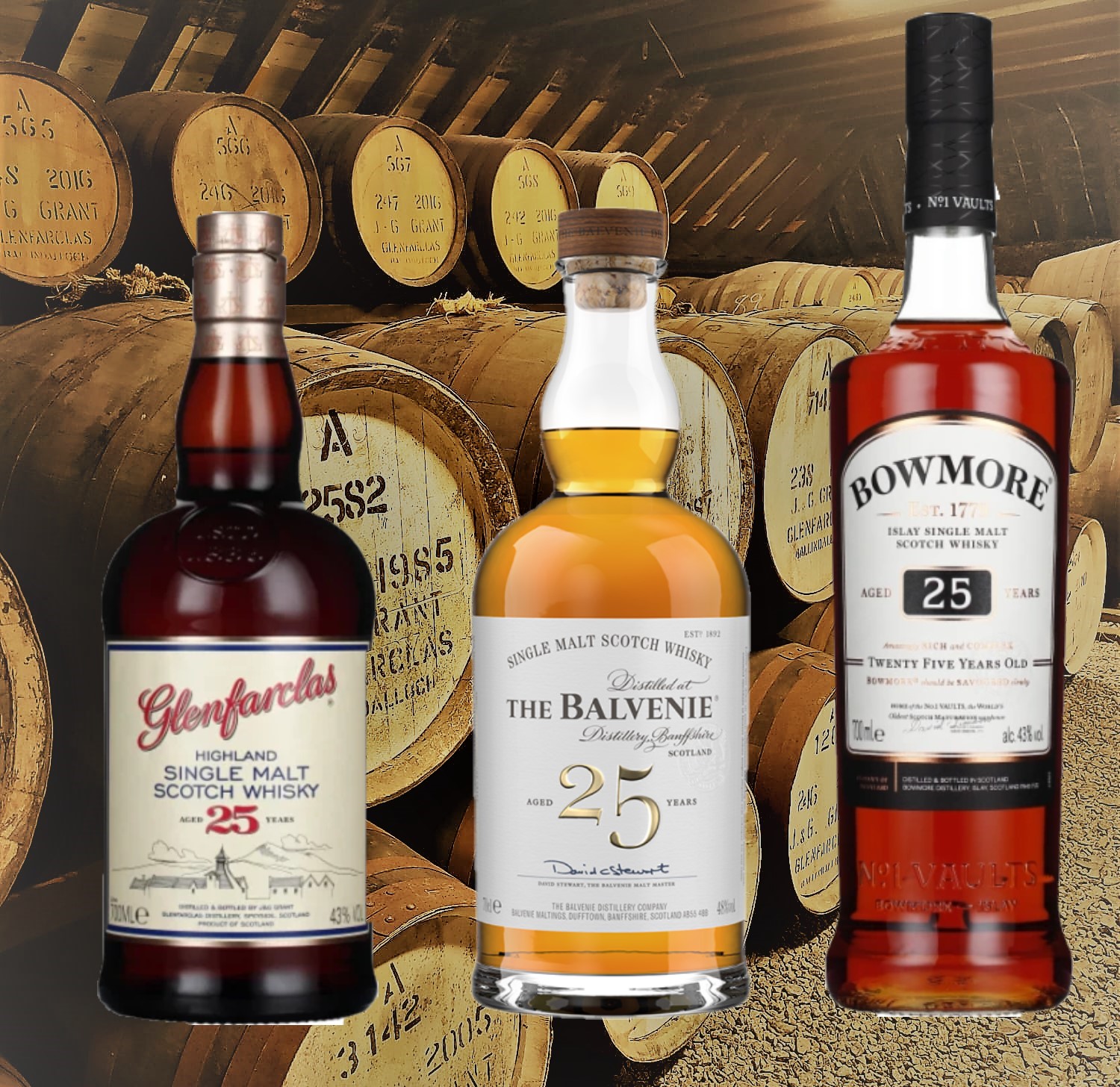 25 ANS...LE BEL AGE : GLENFARCLAS 25 ans, THE BALVENIE 25 ans & BOWMORE 25 ans