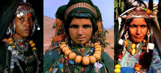 Three berber women wearing different headdresses. Illustration of the book "Bijoux du Maroc" of Jacques and Marie-Rose Rabaté