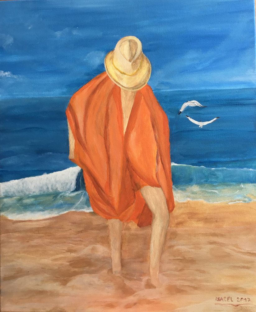 Paseando en la playa. Lienzo pintado al acrílico 60x50 cm.  Precio 350€