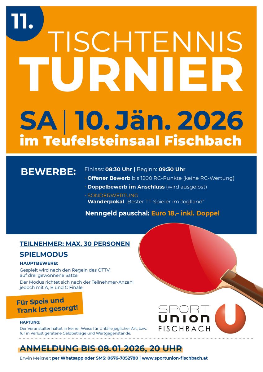 Tischtennis Turnier am 9. und 10. Jänner 2026