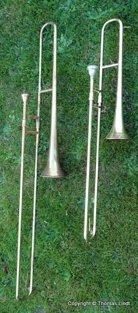 Jürgen Voigt Tenor-Barockposaune und Es-Alt-Barockposaune - Kopie nach Hans Hainlein aus dem 17. Jh. Die Originale entdeckte man zwischen 1963 und 1965 bei Restaurierungsarbeiten in einem Altar in Oberösterreich.