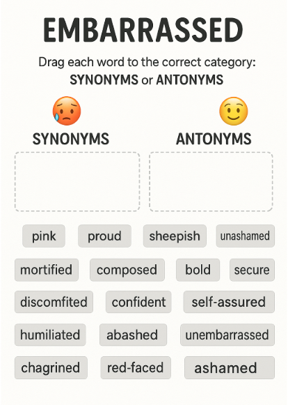 Embarrassed - Sinónimos y antónimos en inglés - Ejercicio