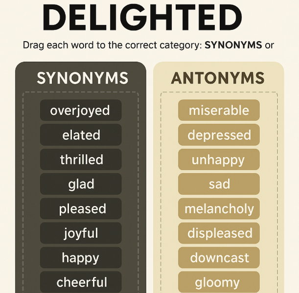 Delighted - Sinónimos y antónimos en inglés - Ejercicio