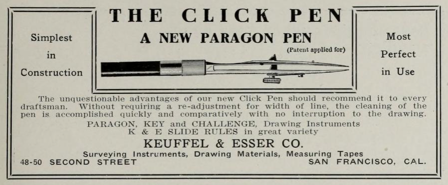 K+E Paragon Click Pen, pat. 905419 (1907) invented by Otto Haff. Patent assigned to K+E.