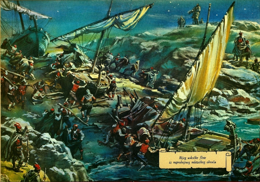 Nachtszene: Die Flucht der Uskoken-Flotte vor der venezianischen Blockade, illustriert von Zdenko Svirčić, Zagreb, Kroatien