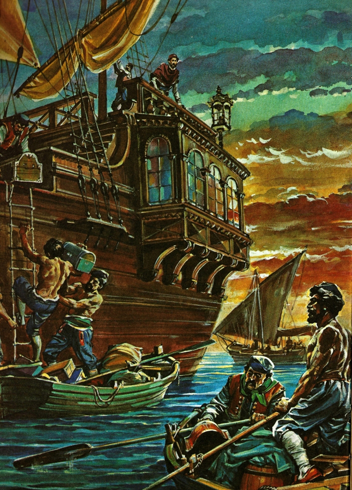 Atmosphärische Illustration einer Galeere bei Sonnenuntergang; Seeleute verladen Kisten in kleine Boote, Zdenko Svirčić, Zagreb, Kroatien