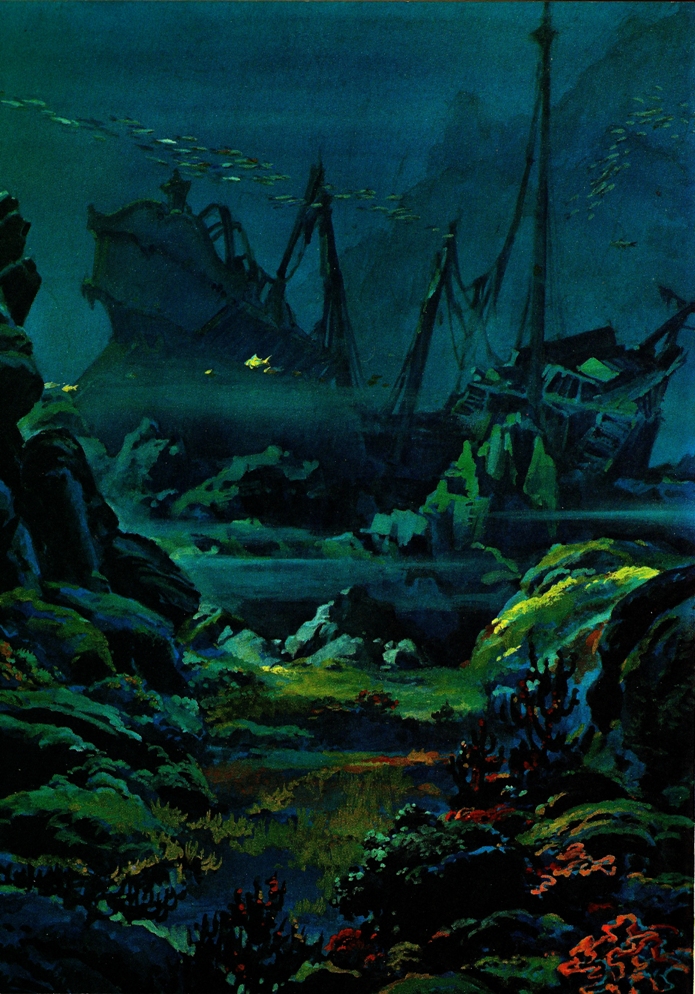 Mystische Unterwasser-Illustration eines Schiffswracks am Meeresgrund mit Korallen und Fischen, Zdenko Svirčić, Zagreb, Kroatien