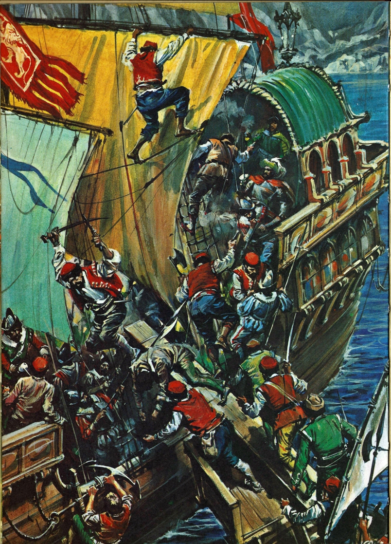 Dramatische Illustration eines Nahkampfs auf dem Deck eines Segelschiffs mit bewaffneten Piraten und Seesoldaten, Zdenko Svirčić, Zagreb, Kroatien