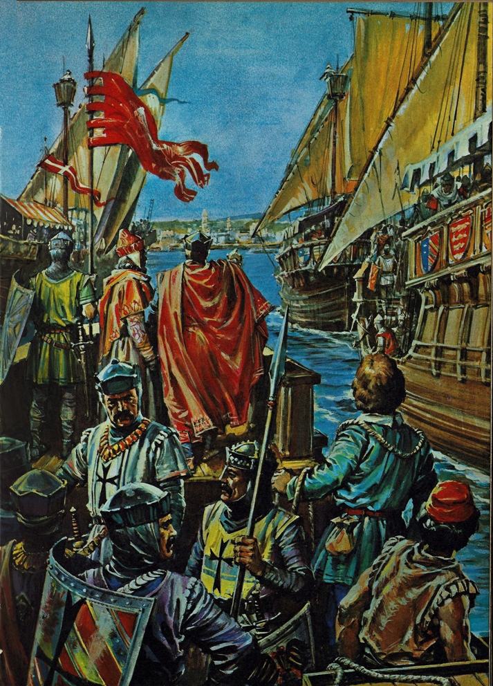 Historische Illustration einer mittelalterlichen Flotte; gepanzerte Ritter mit Schilden an Deck vor einer Küstenstadt, Zdenko Svirčić, Zagreb, Kroatien