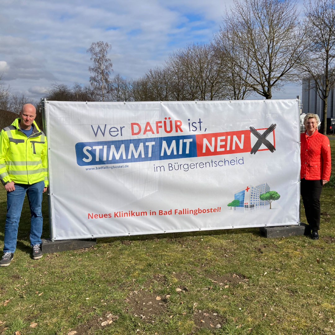 Banner für den Bürgerentscheid zum Heidekreisklinikum für die Stadt Bad Fallingbostel