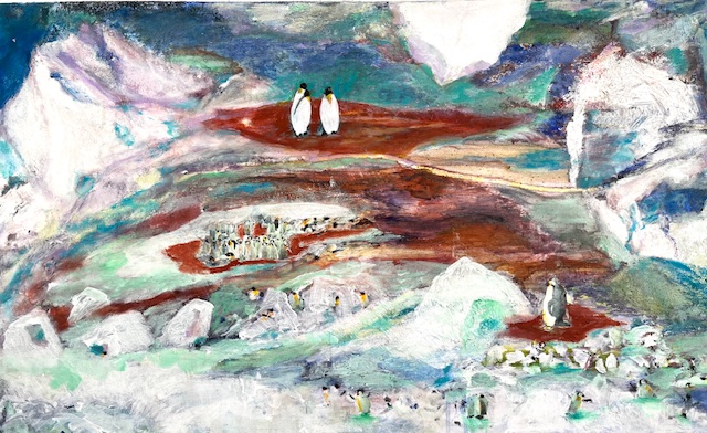 ARTwork: Bettina Bucher-Schmidt (DE) - Titel: Pinguine leben gefährlich (2022) | Mixed Media, Acryl, Papier, Sand auf Leinwand: 55x91cm | 1.300,00€