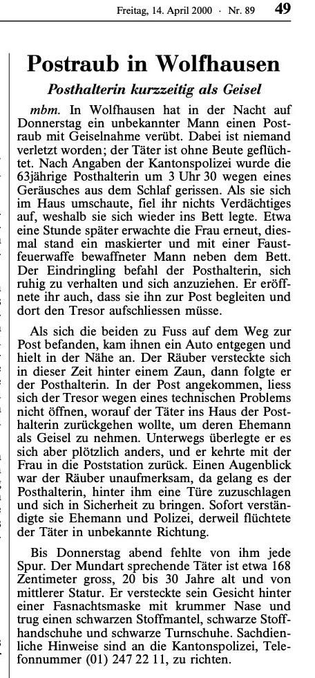 Spektakuläre Geiselnahme in Wolfhausen: Bericht aus der NZZ vom 14. April 2000.