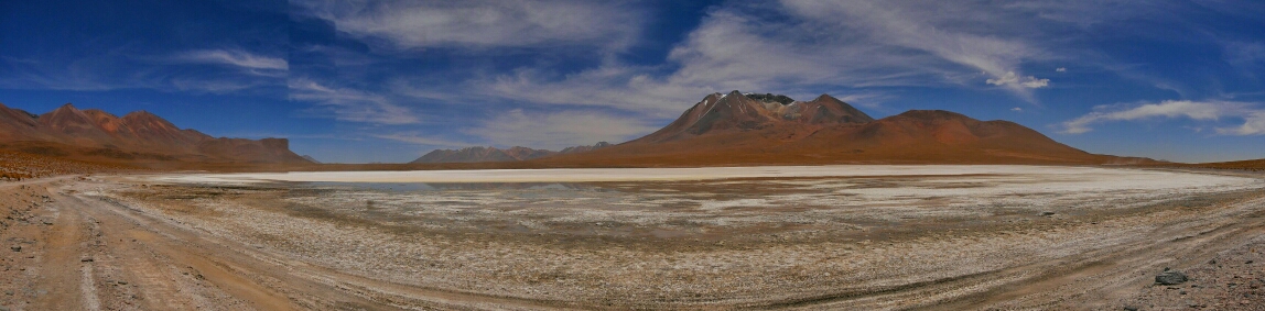 Diese Lagune ist ohne Flamingos. Das Weisse ist Borax, ein Mineral, das zB für Waschmittel verwendet wird. Es ist ein besonderes Gefühl, in dieser Wüste in der Hochebene von diesen Vulkanketten eingerahmt zu sein.