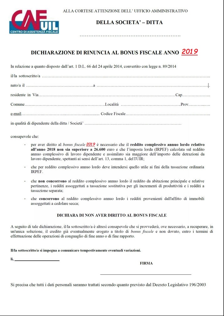 MODULO RINUNCIA BONUS RENZI ANNO 2018 - Uilm Provincia di Cuneo