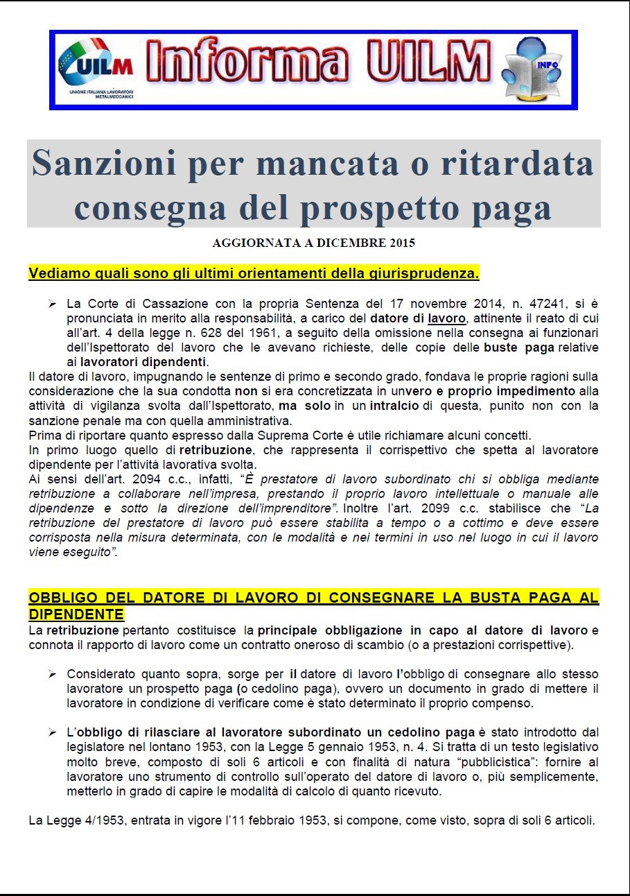 SANZIONI PER MANCATA CONSEGNA BUSTA PAGA AL DIPENDENTE - Uilm ...