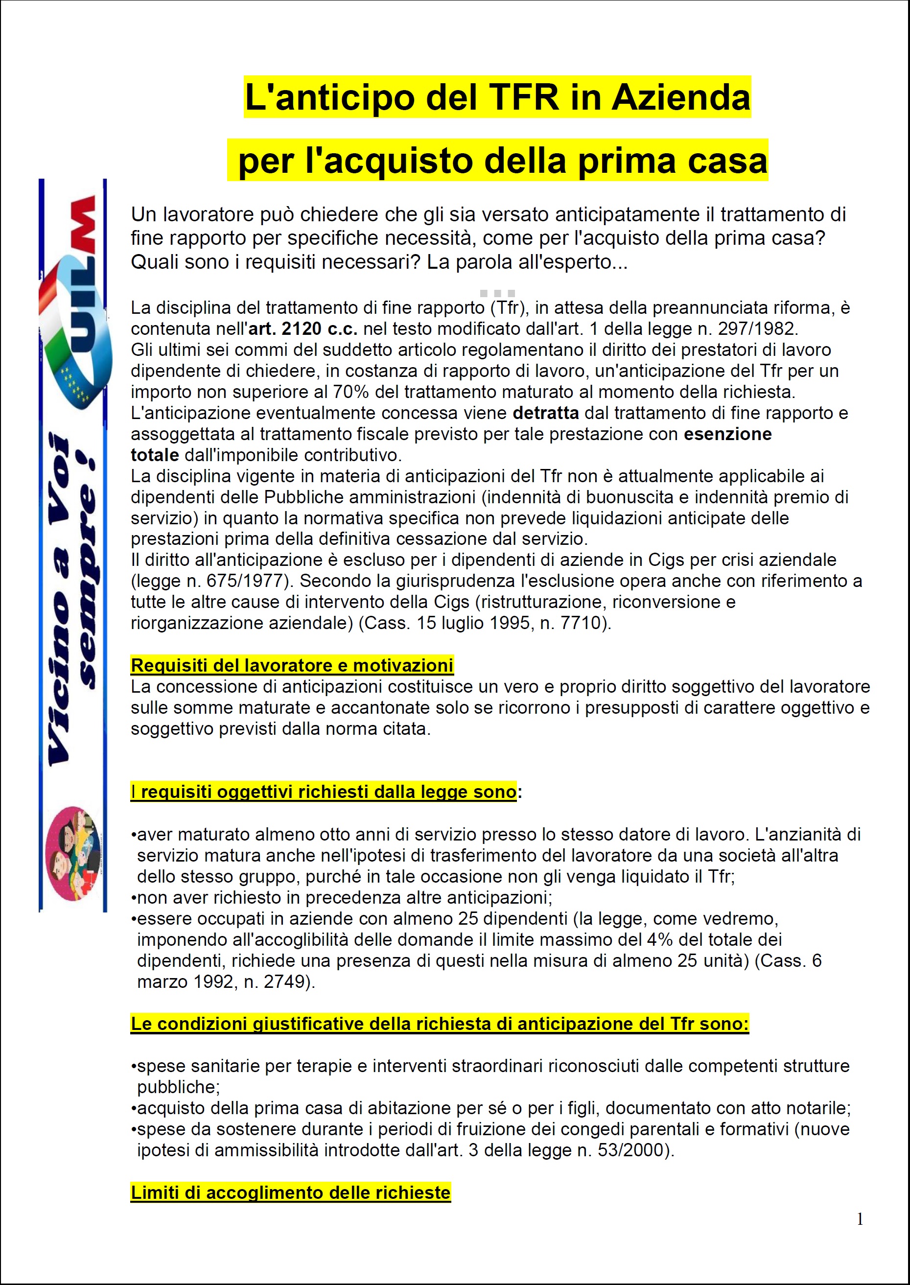 Anticipazione tfr / liquidazione uilm provincia di cuneo Costo notaio diritto di abitazione