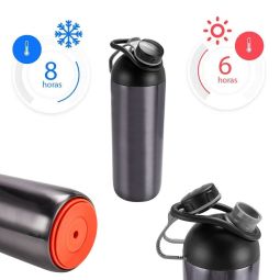 Código TMPS 91 TERMO SCARLETT Con sist. de succión en base que permite la fijación a la superficie evitando el derrame por accidente. Incluye válvula de seguridad. Mantiene temp. caliente 6 hrs. aprox.  Medida: 7.6 x 24 cm. Capacidad: 450 ml 