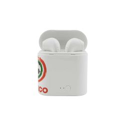 Código SOC 961 AUDIFONOS MEXICO Audífonos bluetooth inalámbricos con batería recargable. Reproducción de música 2 hrs aproximadamente. Incluye cable cargador USB y estuche para recargar los audífonos. Medida- 5.5 x 6.8 cm 