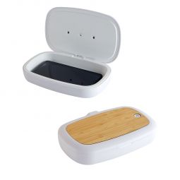 Código SLD 057 CAJA CON LUZ UV SANITIZADORA Y CARGADOR NAGOYA Caja con luz UV sanitizadora para celular y otros artículos. Función carga inalámbrica en cubierta. Material Plástico/ Bambú. Medida: 12.5 x 23.3 cm