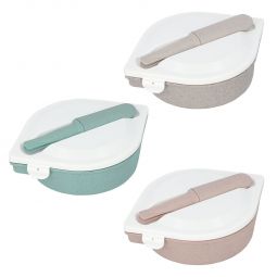 Código KTC 602 LONCHERA ECO PIANA Lonchera y cubiertos con material antimicribiano eco-friendly. Incluye portacubiertos con cuchara, tenedor y cuchillo. 3 compartimentos. Material Plástico / Fibra de Agave. Medida: 22 x 5.5 cm. 