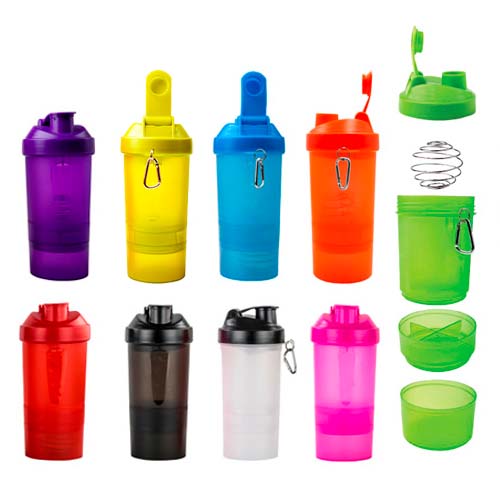 CÓDIGO T18 GYM Cilindro de plástico con compartimentos, resorte de acero. Ideal para gimnasio. (libre de BPA) Material: Plástico Capacidad: 450 ml. Medidas 21.5 x 10 cm
