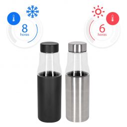 Código TMPS 158 TERMO KAAP Termo de vidrio con base de acero inoxidable desprendible.Cerrado al vacío para conservar el frio o calor de la bebida. La base desprendible puede ser utilizada como vaso. Material: Vidrio/Acero Inoxidable. Medidas: 7 x 24.5 cm 