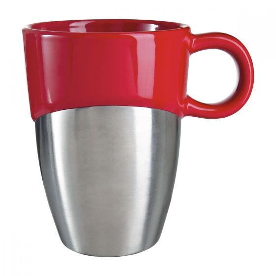 Código TAZ 011 TAZA IRON No usar en microondas ni lavavajillas. Material: Cerámica / Acero Inoxidable. Medida: 8.7 x 11.9 cm. Capacidad: 11 Oz. Empaque con 36 piezas.