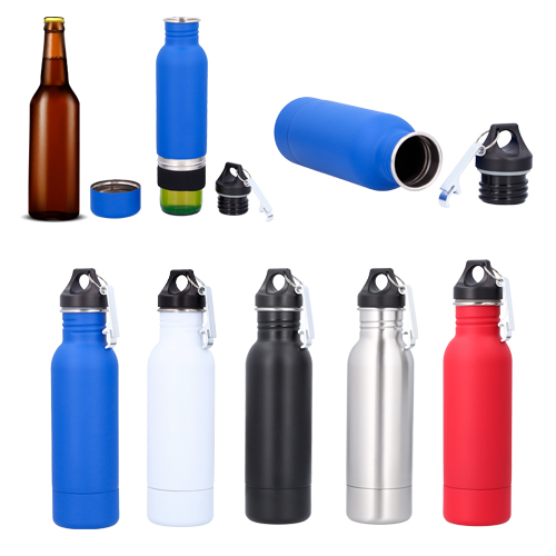CÓDIGO T136 Cilindro porta cervezas de acero inoxidable con funda de neopreno. Únicamente para botellas de cerveza de 355 ml. MATERIAL ACERO INOXIDABLE. MEDIDAS 26.5 x 7 cm. CAPACIDAD 355 ML. 